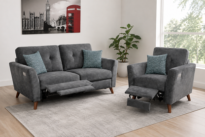 'Angleo' Electric Recliner Grey Plush Velvet Fabric 3 Seater, 2 Seater & Armchair Sofa Set Range | Couch |