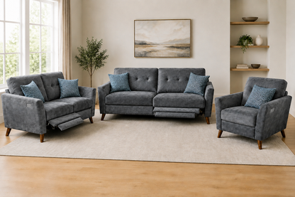 'Angleo' Electric Recliner Grey Plush Velvet Fabric 3 Seater, 2 Seater & Armchair Sofa Set Range | Couch |