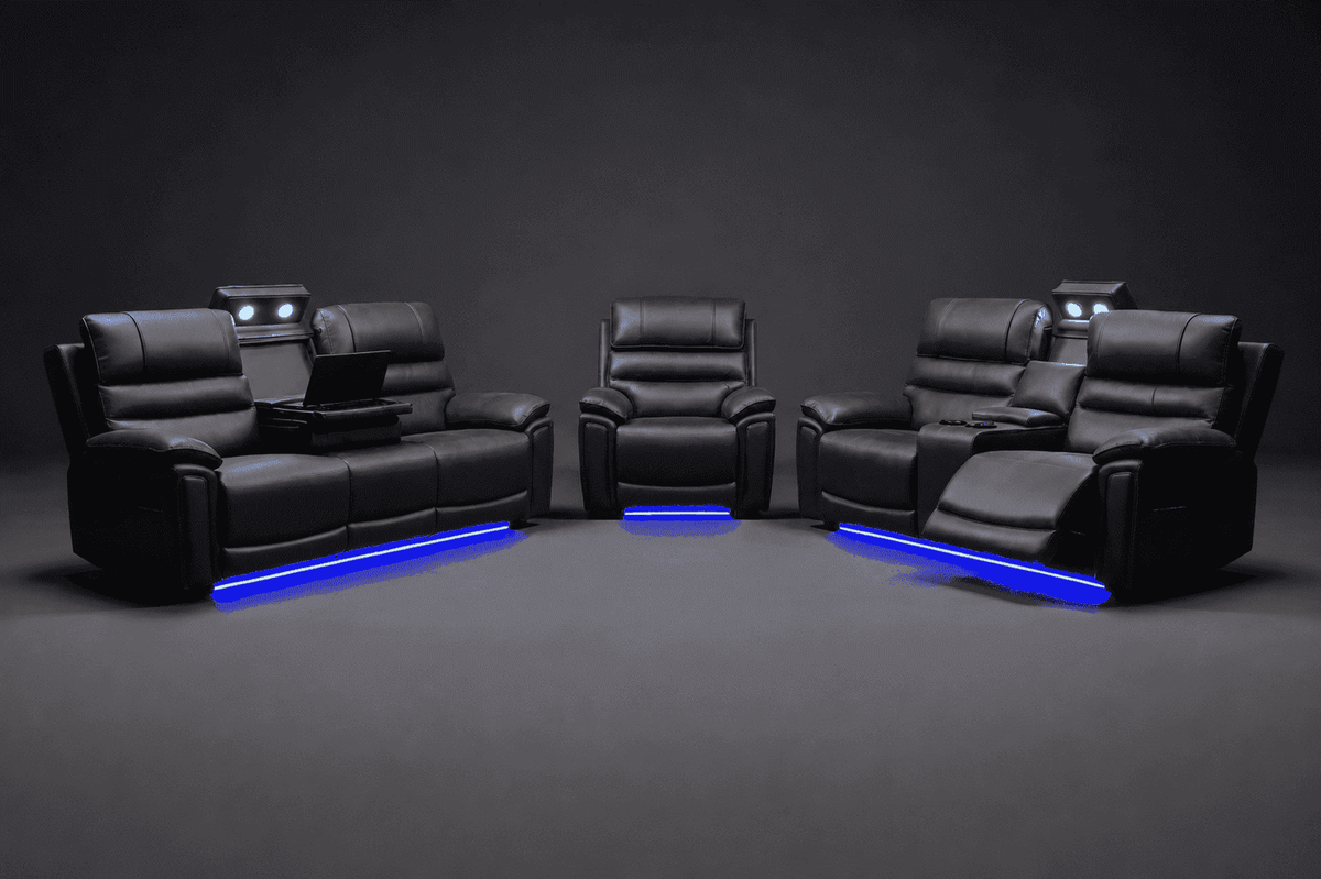 Donald Cinema 3 Seater + 2 Seater + Armchair Sofa Set | Drinks Coolers | Wireless Charging | Bluetooth Speakers | Power Adjustable Headrests | Express Smart Tech Grey Fabric Power Recliner Sofa Range | Couch |
