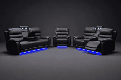 Donald Cinema 3 Seater + 2 Seater + Armchair Sofa Set | Drinks Coolers | Wireless Charging | Bluetooth Speakers | Power Adjustable Headrests | Express Smart Tech Grey Fabric Power Recliner Sofa Range | Couch |