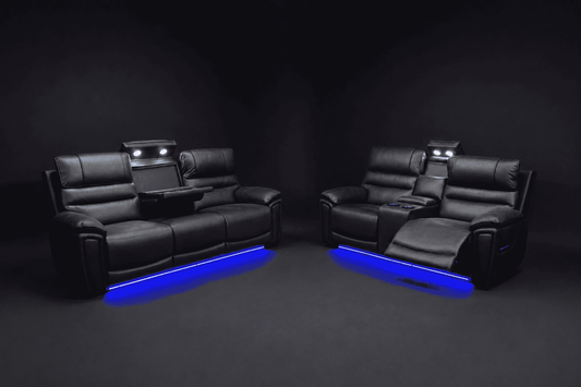 Donald Cinema 3 Seater + 2 Seater Set | Drinks Coolers | Wireless Charging | Bluetooth Speakers | Power Adjustable Headrests | Express Smart Tech Grey Fabric Power Recliner Sofa Range | Couch