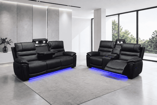 Donald Cinema 3 Seater + 2 Seater Set | Drinks Coolers | Wireless Charging | Bluetooth Speakers | Power Adjustable Headrests | Express Smart Tech Grey Fabric Power Recliner Sofa Range | Couch