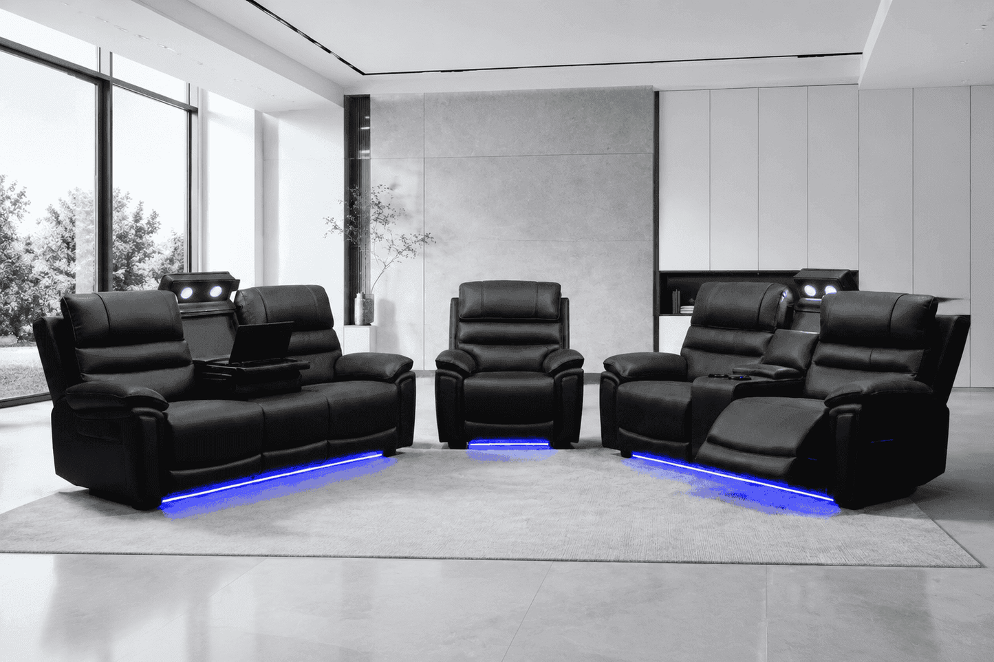 Donald Cinema 3 Seater + 2 Seater + Armchair Sofa Set | Drinks Coolers | Wireless Charging | Bluetooth Speakers | Power Adjustable Headrests | Express Smart Tech Grey Fabric Power Recliner Sofa Range | Couch |