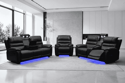 Donald Cinema 3 Seater + 2 Seater + Armchair Sofa Set | Drinks Coolers | Wireless Charging | Bluetooth Speakers | Power Adjustable Headrests | Express Smart Tech Grey Fabric Power Recliner Sofa Range | Couch |