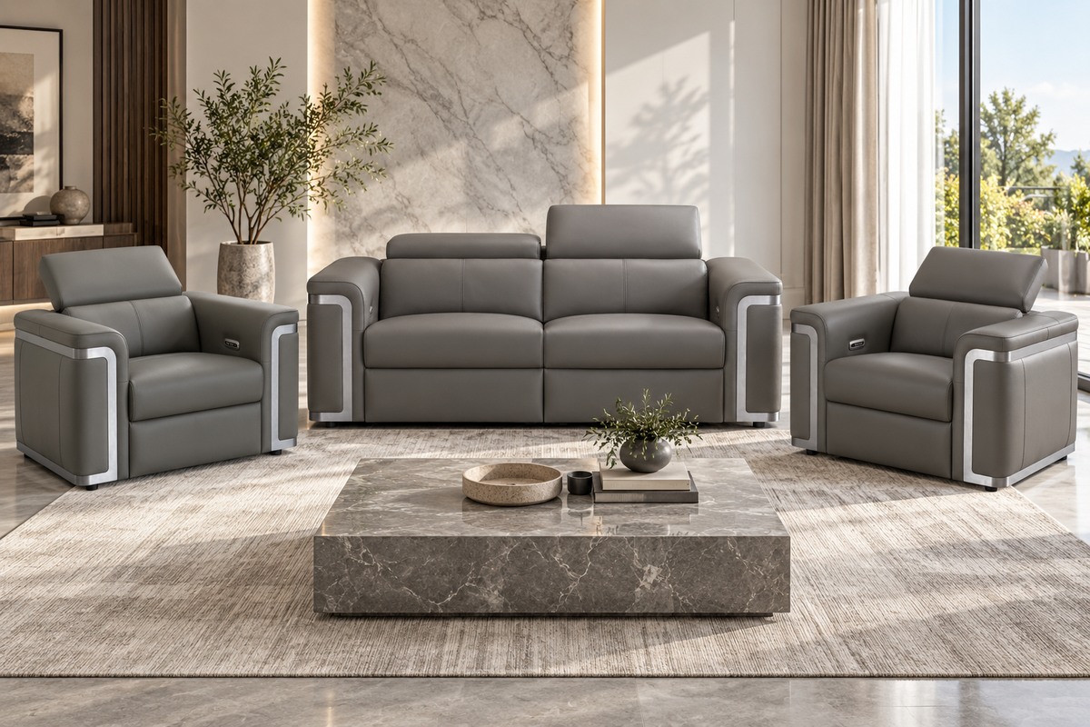 Plaza Top Grain Grey Leather Power Recliner Sofa Range with Adjustable Headrests
