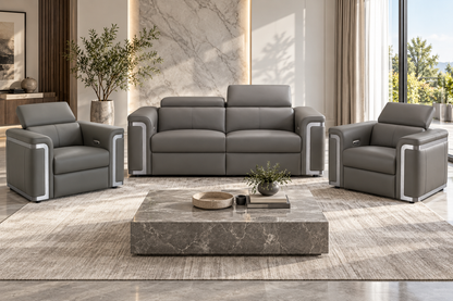 Plaza Top Grain Grey Leather Power Recliner Sofa Range with Adjustable Headrests