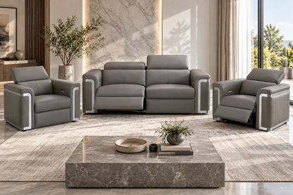 Plaza Top Grain Grey Leather Power Recliner Sofa Range with Adjustable Headrests