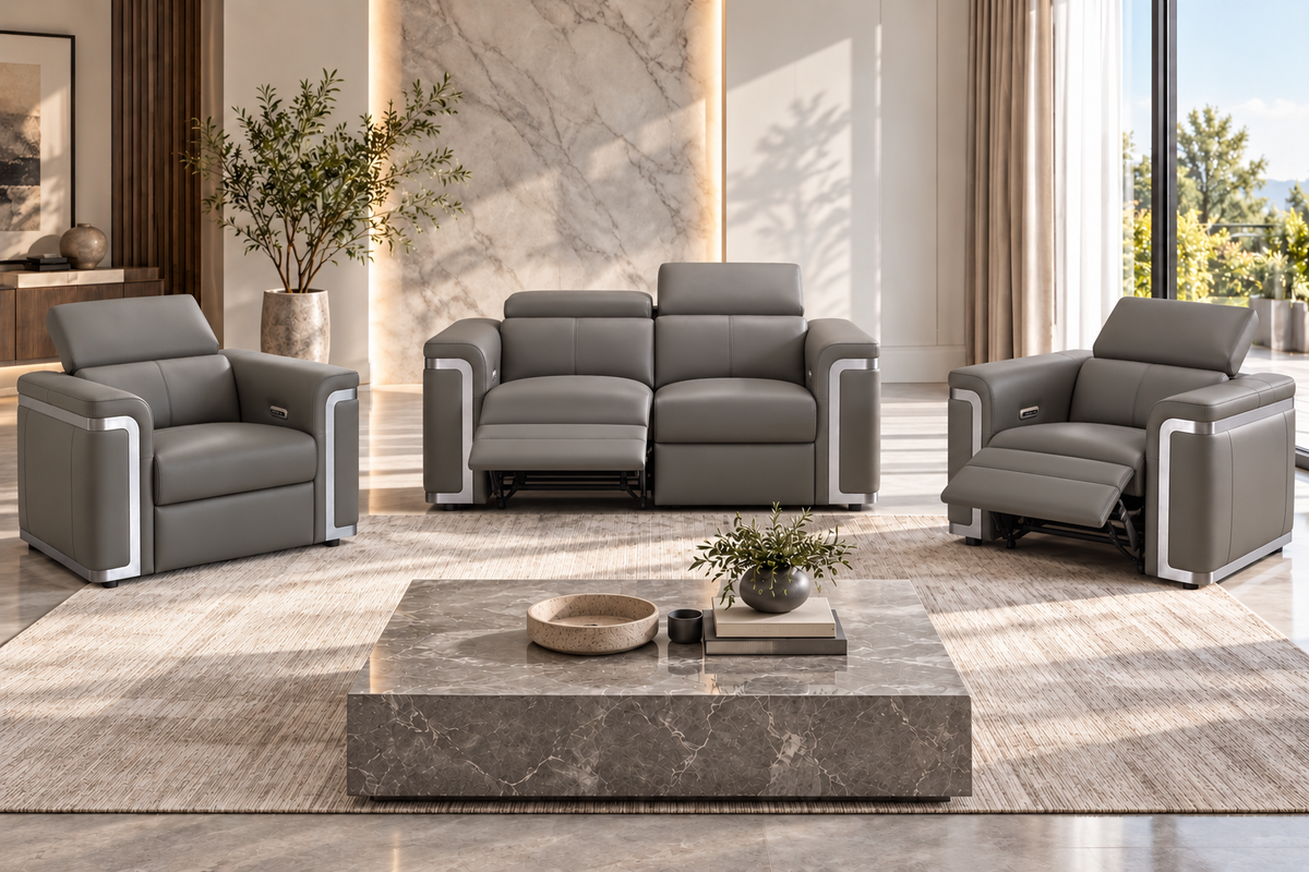 Plaza Top Grain Grey Leather Power Recliner Sofa Range with Adjustable Headrests