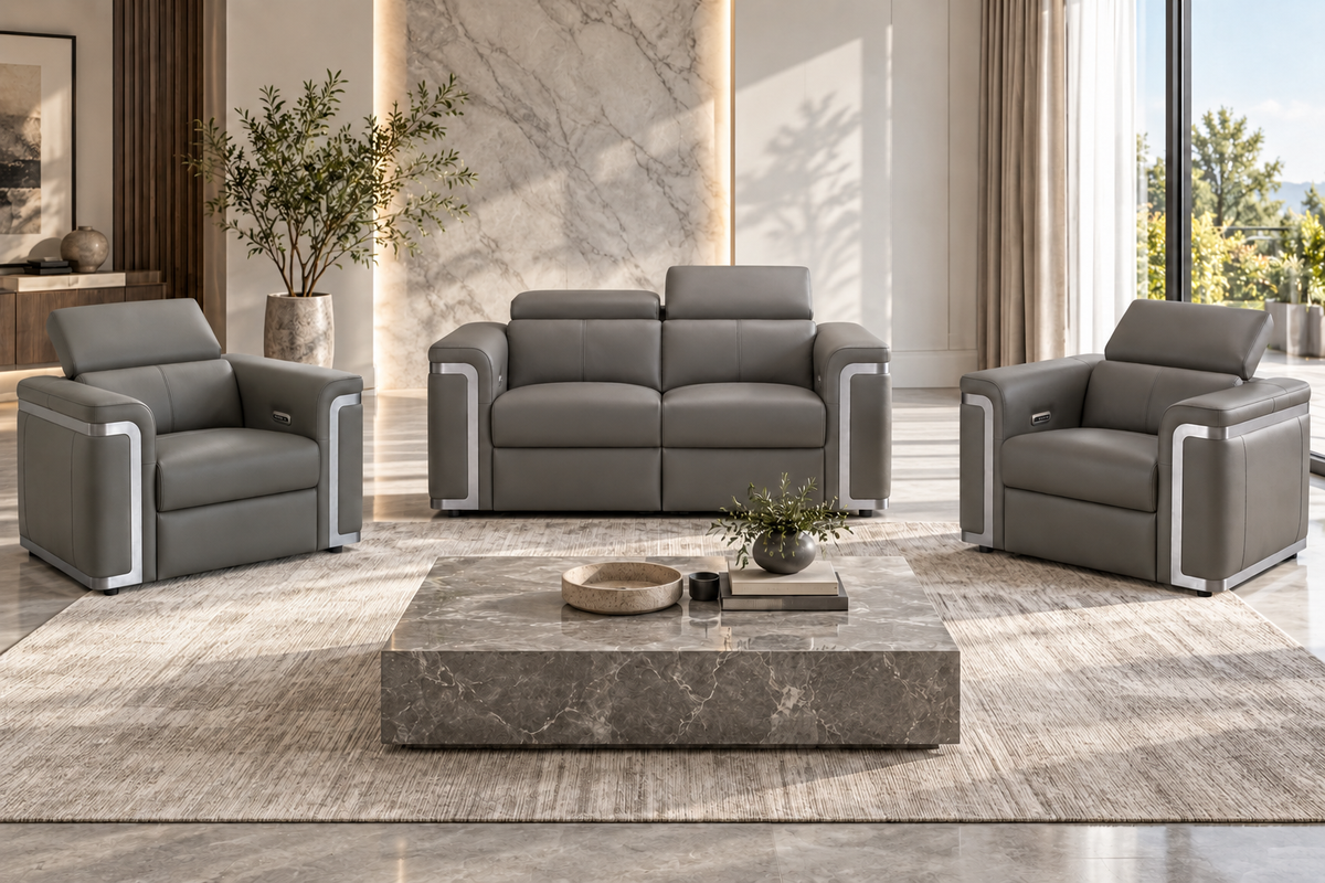 Plaza Top Grain Grey Leather Power Recliner Sofa Range with Adjustable Headrests