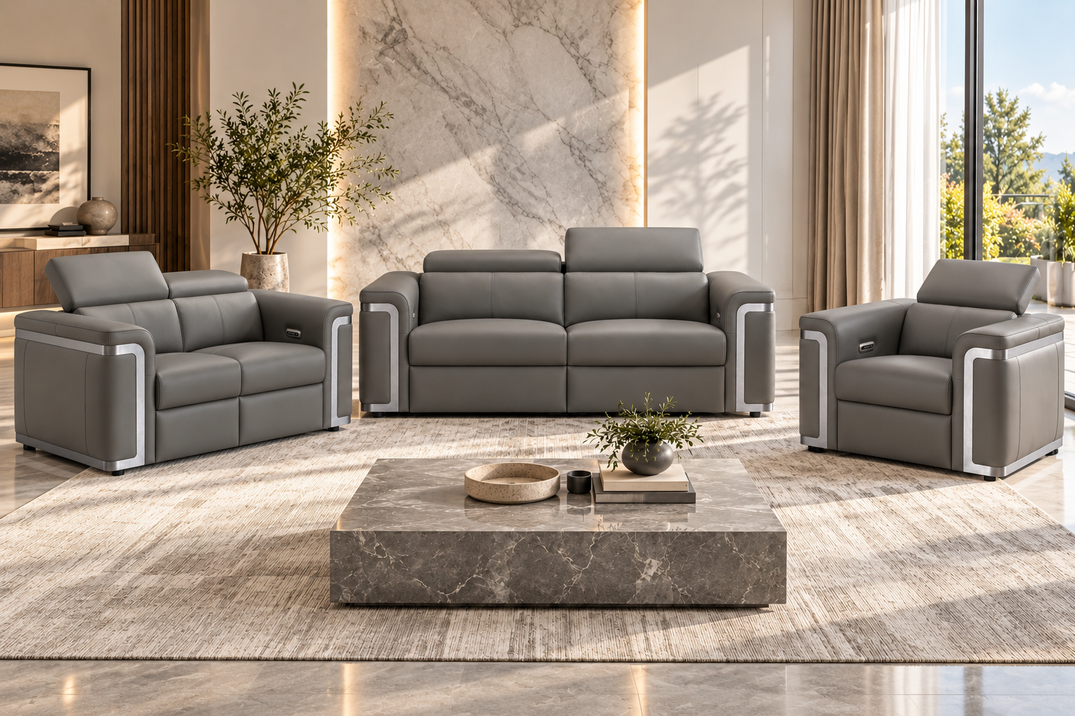 Plaza Top Grain Grey Leather Power Recliner Sofa Range with Adjustable Headrests