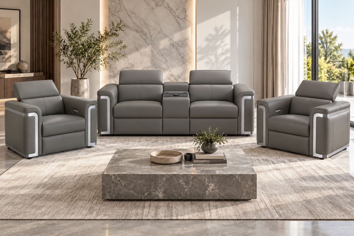 Plaza Top Grain Grey Leather Power Recliner Sofa Range with Adjustable Headrests