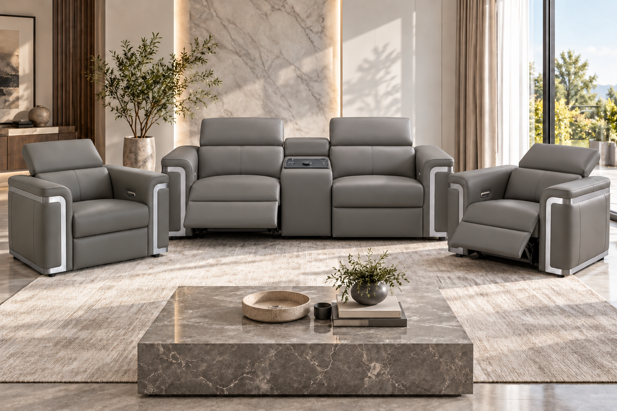 Plaza Top Grain Grey Leather Power Recliner Sofa Range with Adjustable Headrests