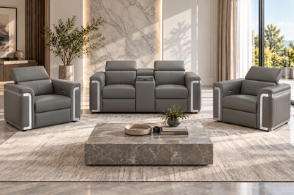 Plaza Top Grain Grey Leather Power Recliner Sofa Range with Adjustable Headrests