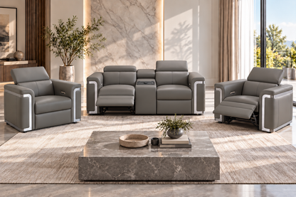 Plaza Top Grain Grey Leather Power Recliner Sofa Range with Adjustable Headrests