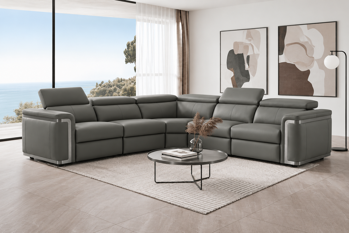 Plaza Electric Recliner Charcoal Milano Top Grain Leather Corner Sofa With Charging Console