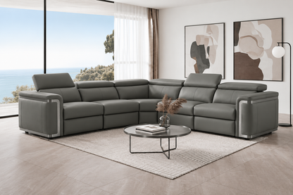 Plaza Electric Recliner Charcoal Milano Top Grain Leather Corner Sofa With Charging Console