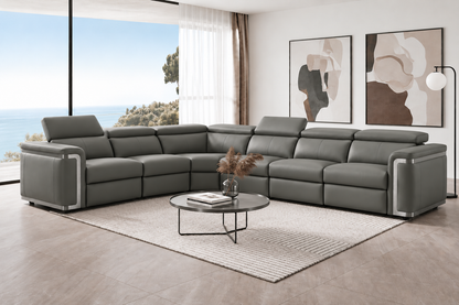 Plaza Electric Recliner Charcoal Milano Top Grain Leather Corner Sofa With Charging Console