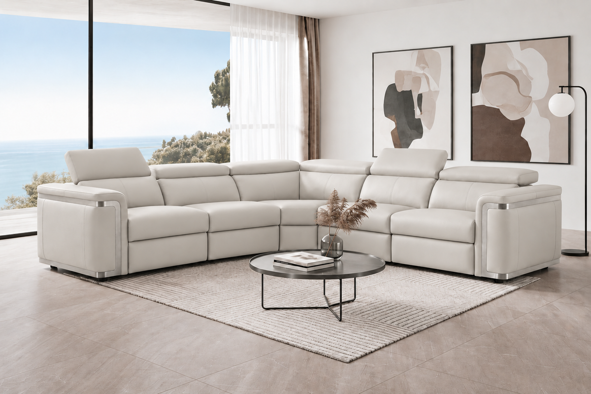 Plaza Electric Recliner Silver Top Grain Leather Corner Sofa With Charging Console