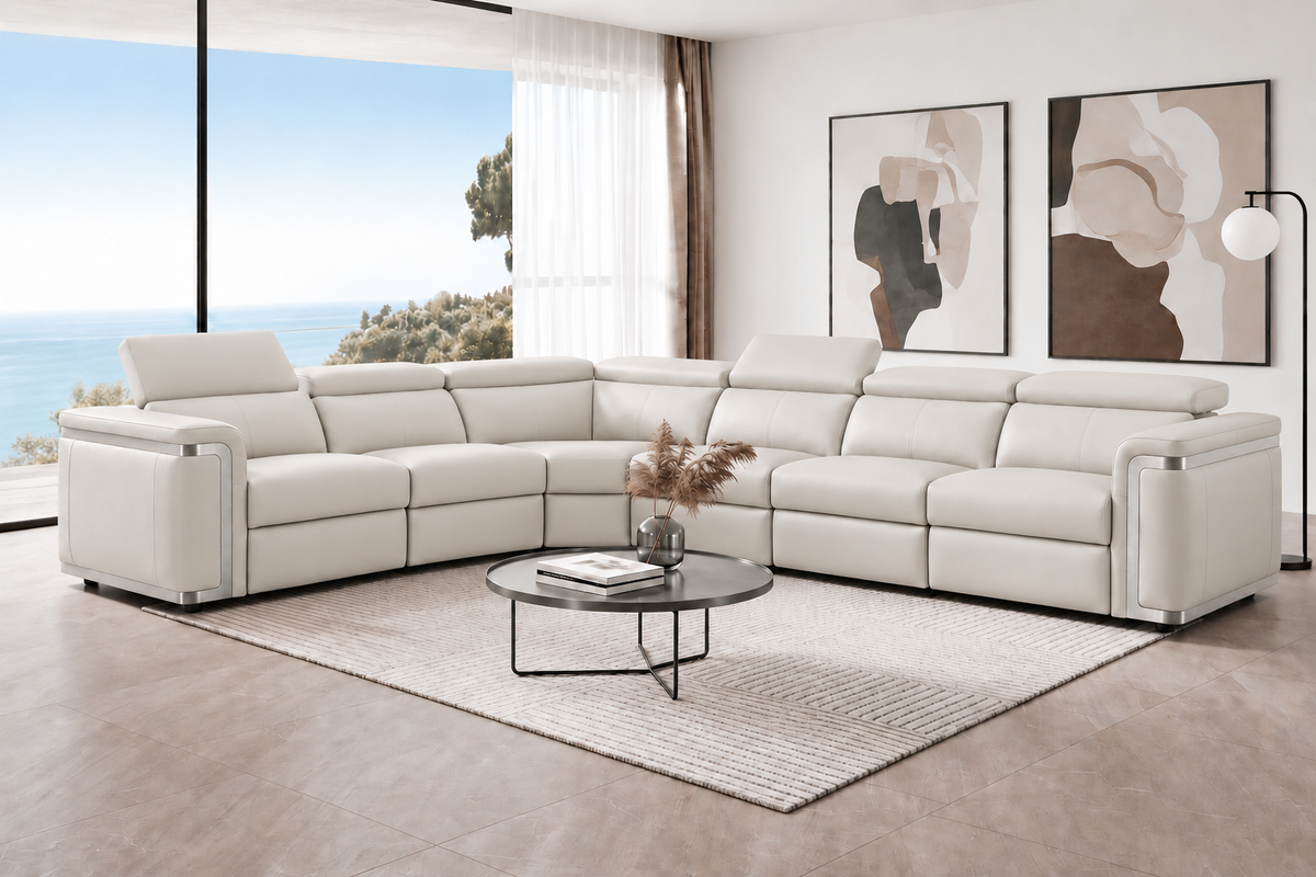 Plaza Electric Recliner Silver Top Grain Leather Corner Sofa With Charging Console