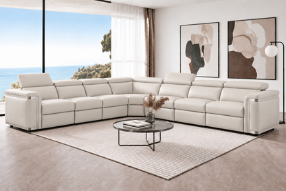 Plaza Electric Recliner Silver Top Grain Leather Corner Sofa With Charging Console