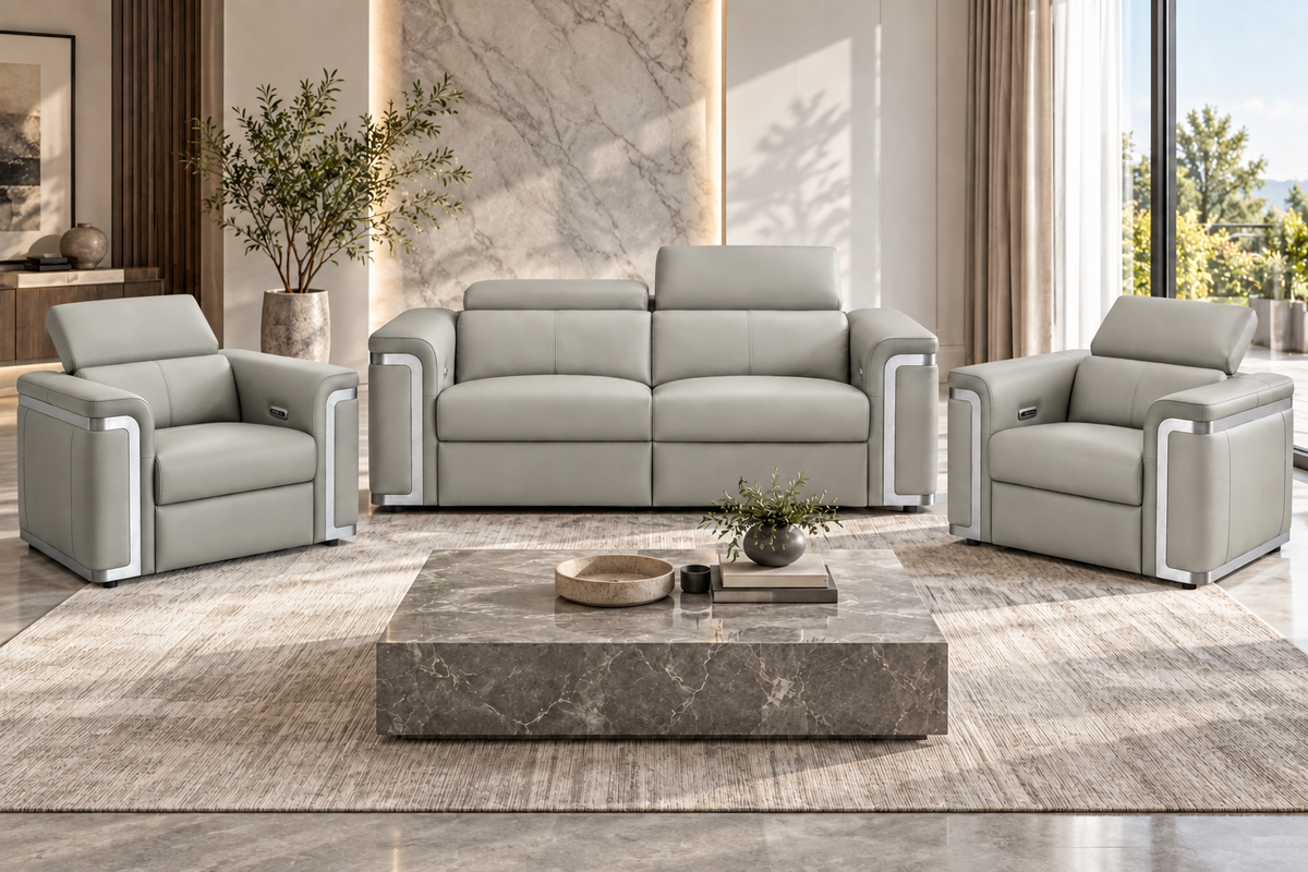Plaza Top Grain Silver Leather Power Recliner Sofa Range with Adjustable Headrests