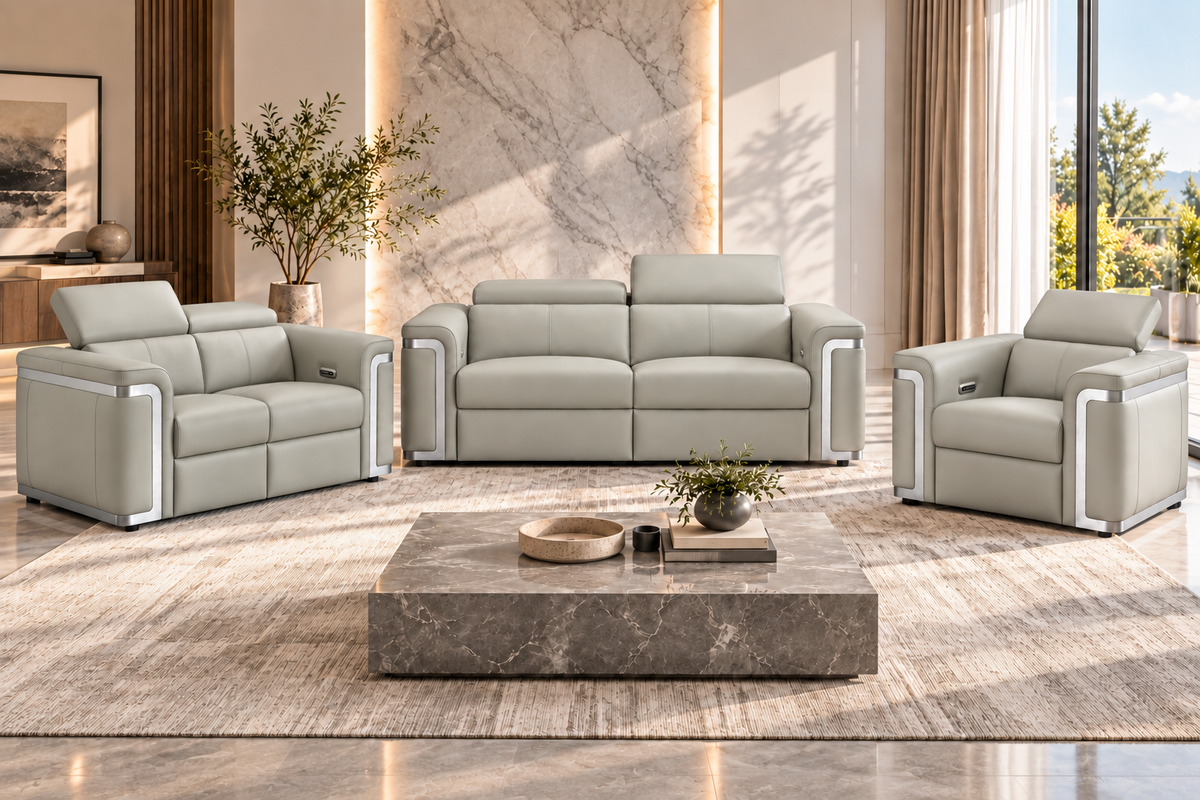 Plaza Top Grain Silver Leather Power Recliner Sofa Range with Adjustable Headrests