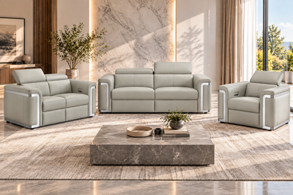 Plaza Top Grain Silver Leather Power Recliner Sofa Range with Adjustable Headrests