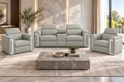 Plaza Top Grain Silver Leather Power Recliner Sofa Range with Adjustable Headrests