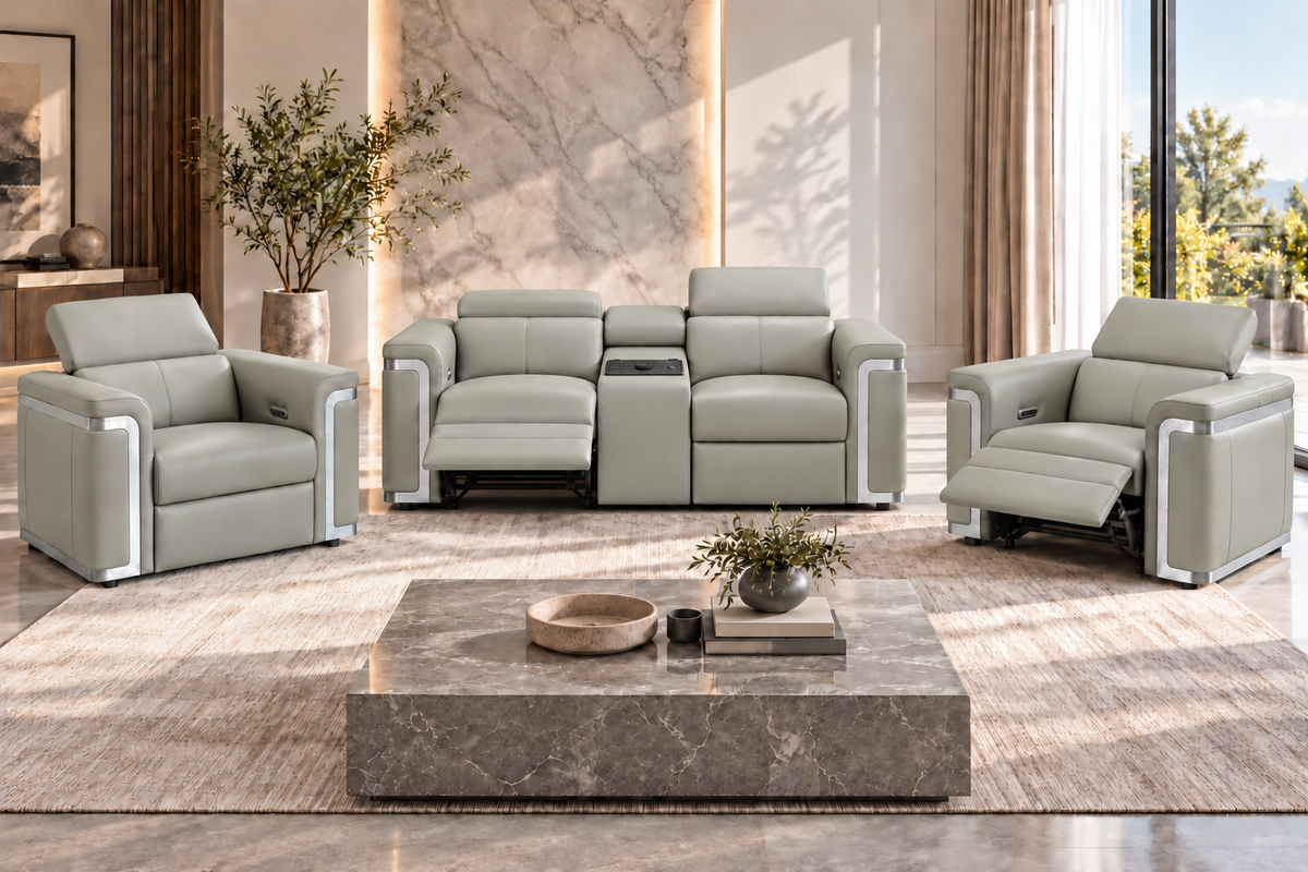 Plaza Top Grain Silver Leather Power Recliner Sofa Range with Adjustable Headrests