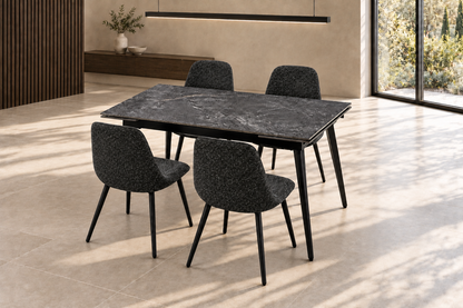 (Pre Order Deal, Arriving December 15th) "Regis" 120cm-180cm Ceramic Extending Dining Table & Grey Leather Yukon Charcoal Grey Fleck Fabric Dining Chairs Set