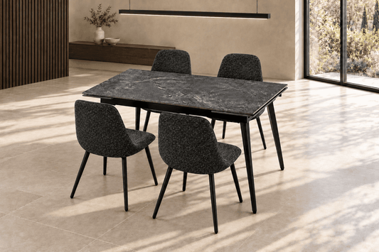 (Pre Order Deal, Arriving December 15th) "Regis" 120cm-180cm Ceramic Extending Dining Table & Grey Leather Yukon Charcoal Grey Fleck Fabric Dining Chairs Set
