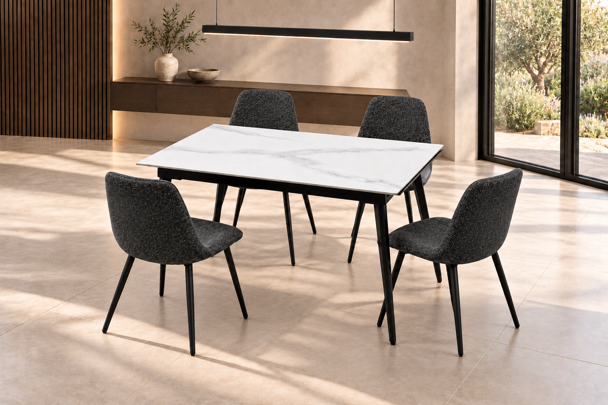 (Pre Order Deal, Arriving December 15th) "Regis" 120cm-180cm Ceramic Extending Dining Table & Grey Leather Yukon Charcoal Grey Fleck Fabric Dining Chairs Set