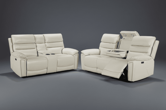 Bundle Deal! DFS Lawson Ivory Leather Electric Reclining 3 Seater + 2 Seater With Drinks Cooling Cupholders Sofa Set With USB Charging Ports & Drop Down Tray Table