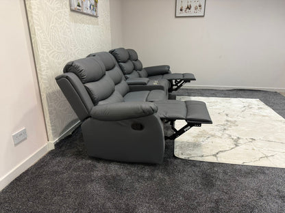 Lando Grey Leather 4 Seater Sofa With Drinks Console | Fold Down Tray Table, High Headrest & Seating Position Couch