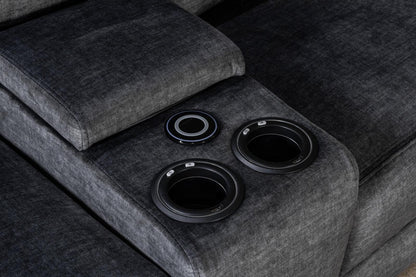 " Trek " Drinks Cooling Cupholders Plush Grey Fabric Power Recliner Large Corner Sofa With USB Charging Ports