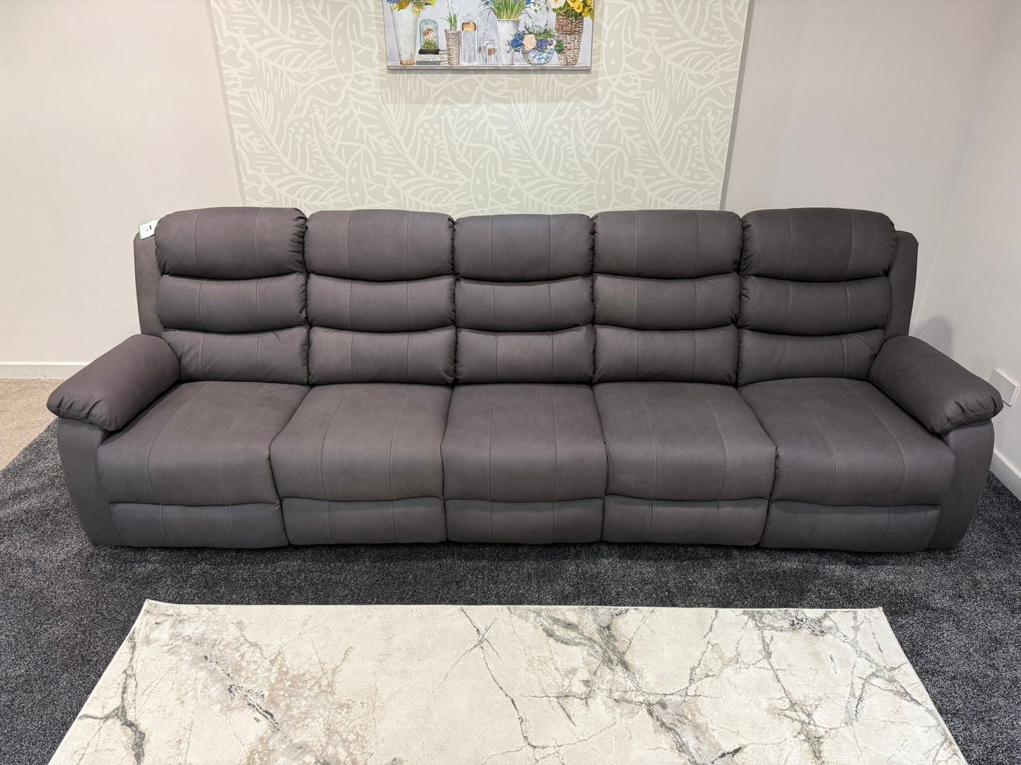 Willow Grey Easy Clean Fabric 5 Seater Sofa | 2 x Fold Down Tray Table, High Headrest & Seating Position Couch