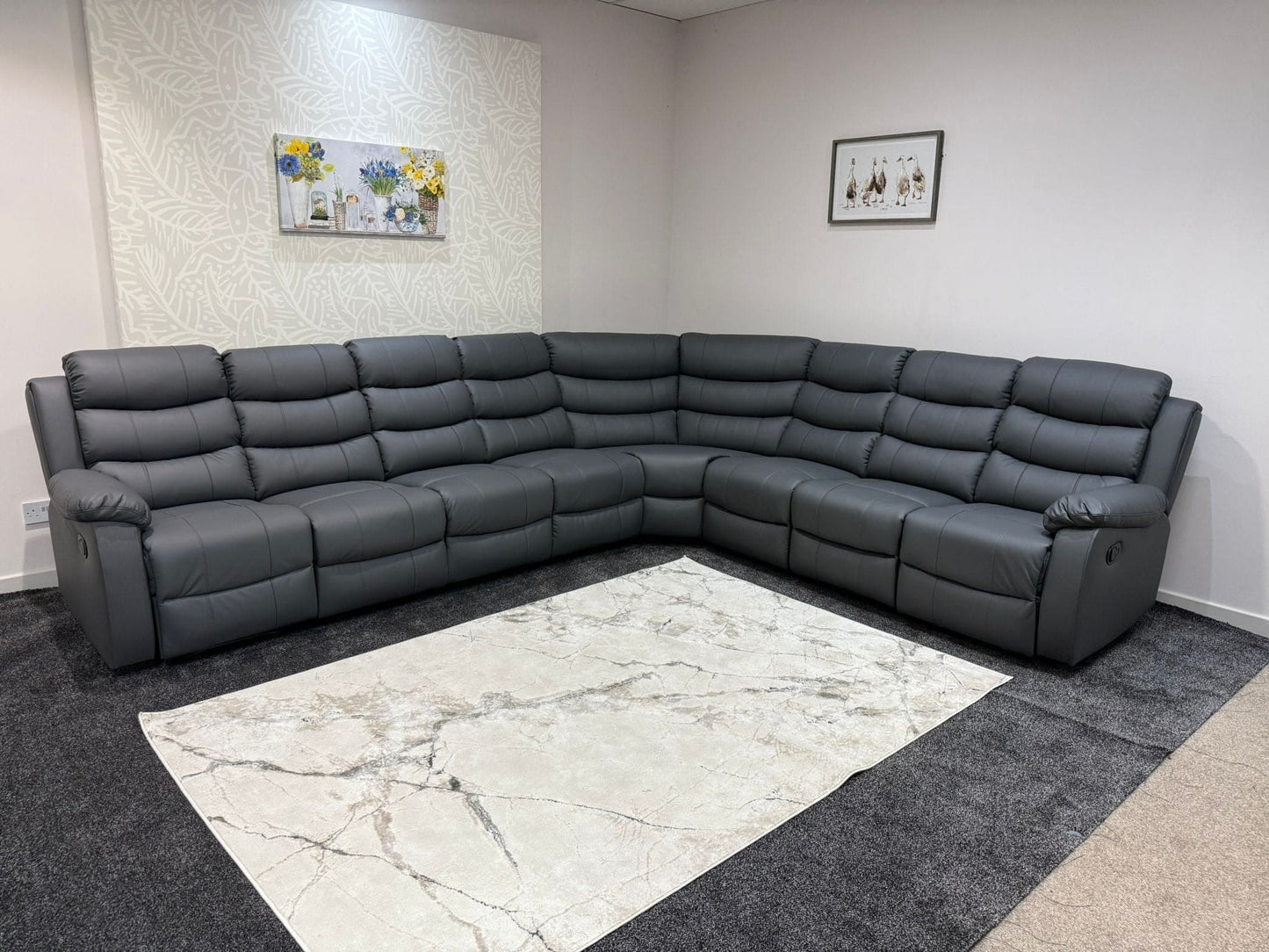 "Lando" Grey Leather 4C3 Recliner Corner Sofa Reversible | 2 x Drinks Tray Tables | Modular
