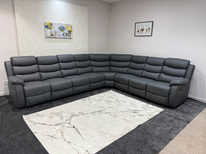 "Lando" Grey Leather 4C3 Recliner Corner Sofa Reversible | 2 x Drinks Tray Tables | Modular