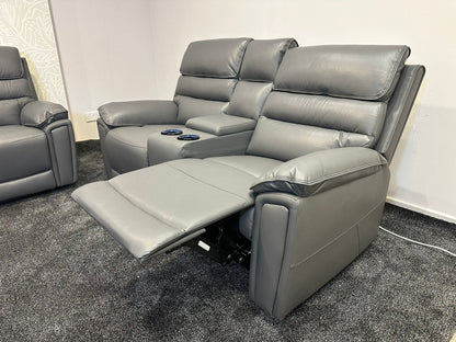 Donald Grey Leather Electric / Power Reclining 3 Seater + 2 Seater Sofa Suite Set With Drinks Coolers USB Charging Ports & Drop Down Tray Table