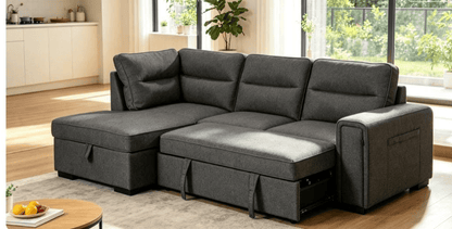 (Back in stock 15th August) 'Musk' Dark Grey Fabric Left Hand Facing Corner Sofa Bed With Storage & Drinks Holder