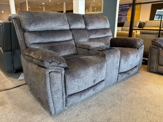 The “ Donald " Electric / Power Reclining Charcoal Grey Fabric 2 Seater Tech Sofa - USB Charging & Drinks Coolers Plus High Seating & Backrest Position | Couch |