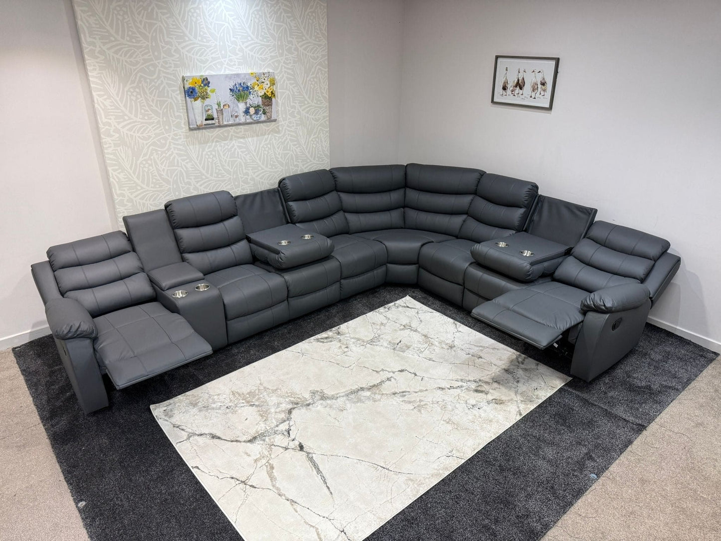"Lando" Grey Leather 4C3C Recliner Corner Sofa Reversible | 2 x Drinks Tray Table | Modular