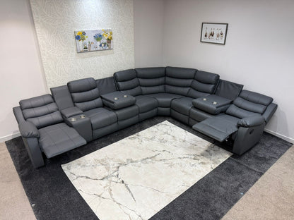 "Lando" Grey Leather 4C3C Recliner Corner Sofa Reversible | 2 x Drinks Tray Table | Modular