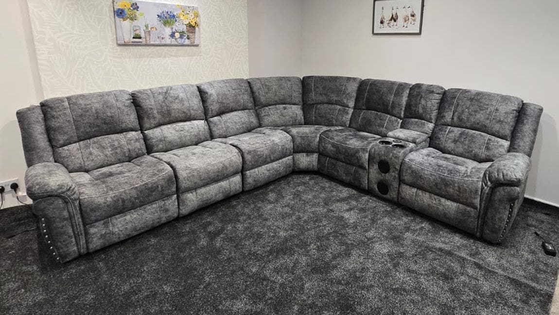 GALAXY Grey Plush Velvet Fabric Electric Reclining 3C2C Corner Sofa, Drinks Coolers & USB Ports