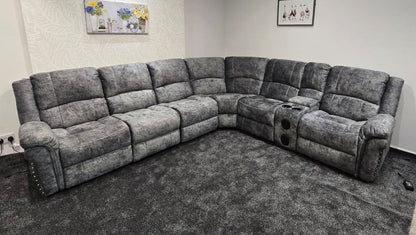 GALAXY Grey Plush Velvet Fabric Electric Reclining 3C2C Corner Sofa, Drinks Coolers & USB Ports