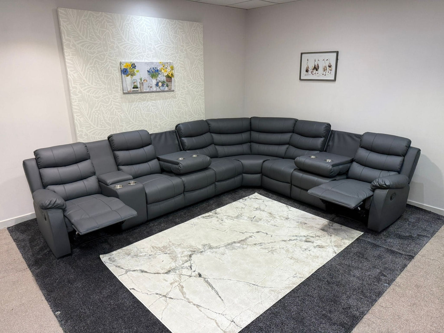 "Lando" Grey Leather 4C3C Recliner Corner Sofa Reversible | 2 x Drinks Tray Table | Modular