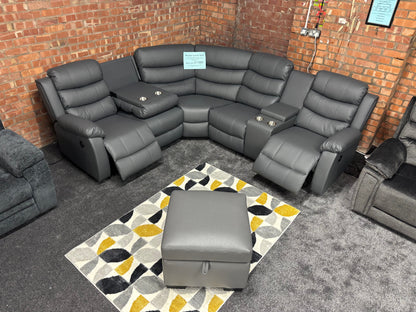 'Lando' Grey Leather Reversible Reclining Corner Sofa | Comes With A Storage Footstool, Drinks Console | Fold Down Tray Table | High Backrest & Seating Position | Couch |