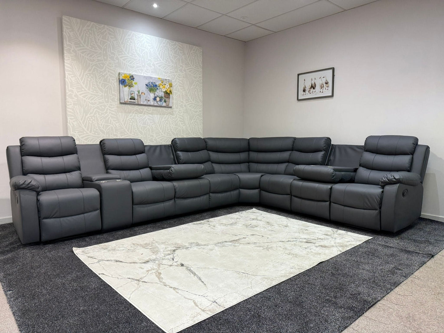 "Lando" Grey Leather 4C3C Recliner Corner Sofa Reversible | 2 x Drinks Tray Table | Modular