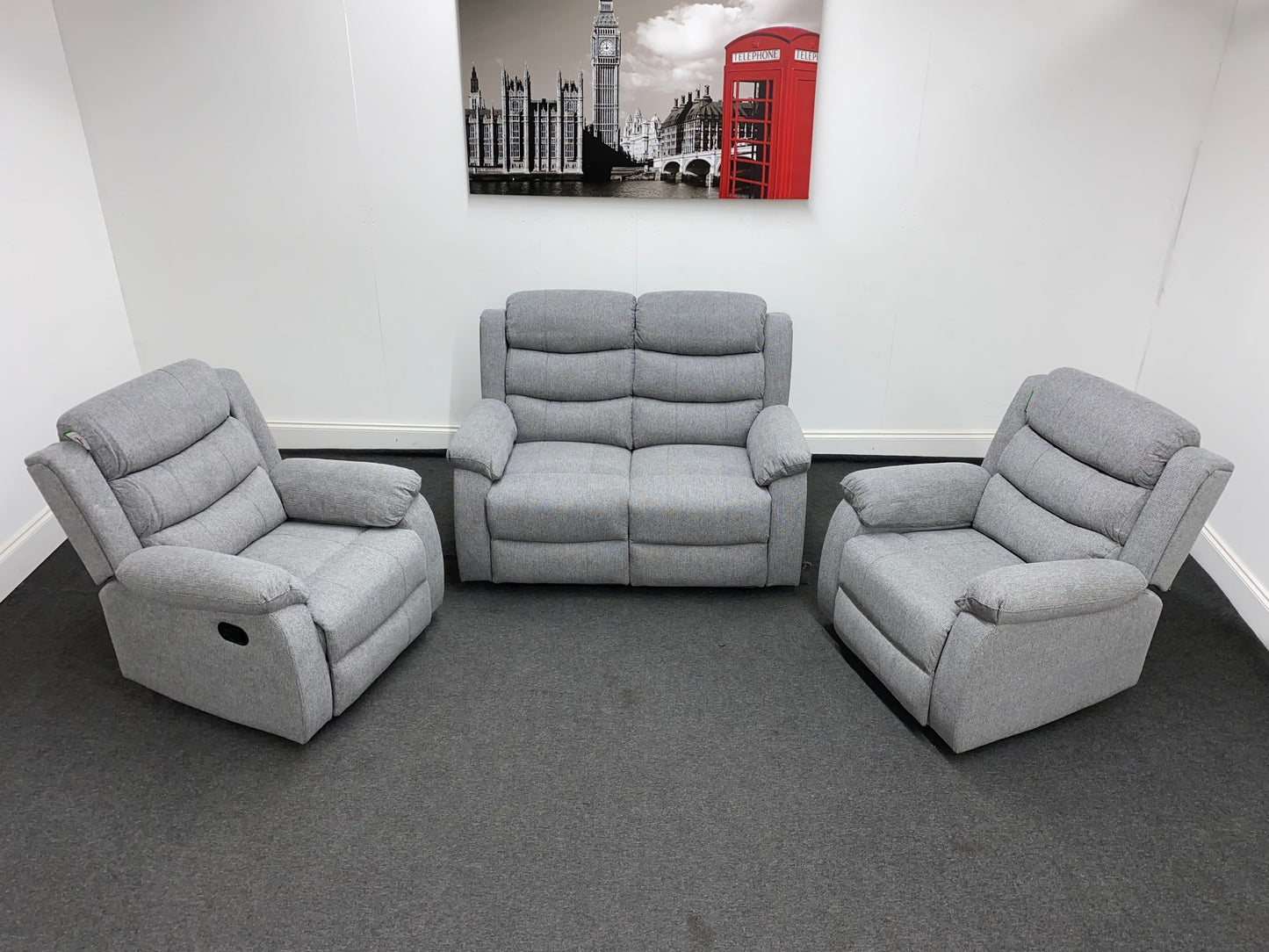 ‘Lewson’ Grey Fleck Fabric Recliner 2 + 1 + 1 Seater Sofa & Armchair Suite Set | Couch |