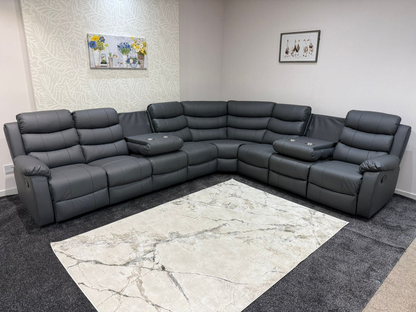 "Lando" Grey Leather 4C3 Recliner Corner Sofa Reversible | 2 x Drinks Tray Tables | Modular